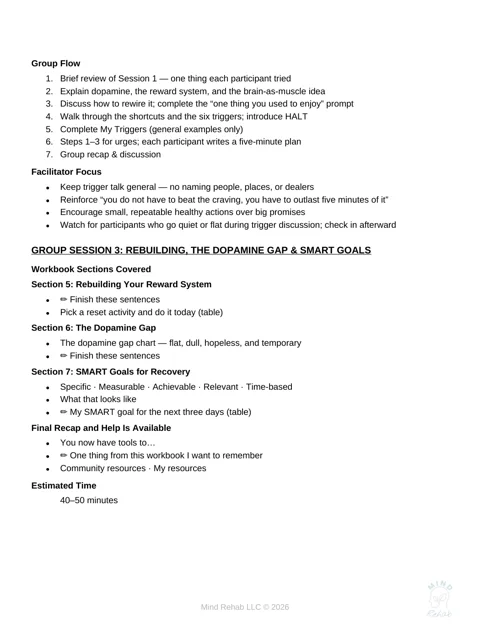 Original guide showing group flow and facilitator focus points.