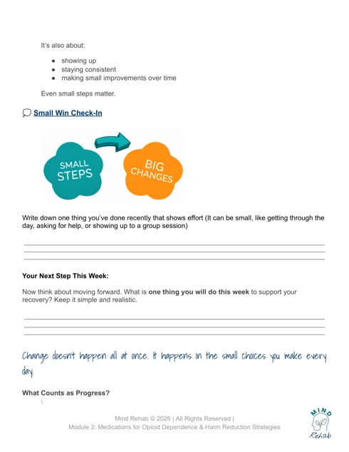 Small Win Check-In page with small steps and big changes illustration and lined reflection space.