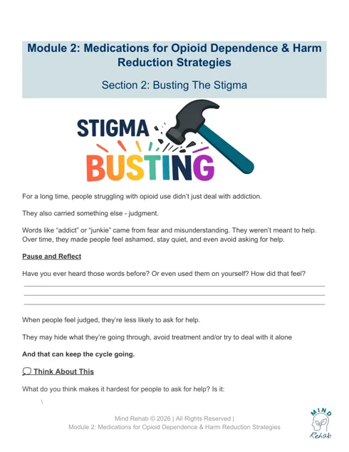Busting the Stigma page with original graphic and reflective questions about judgment.
