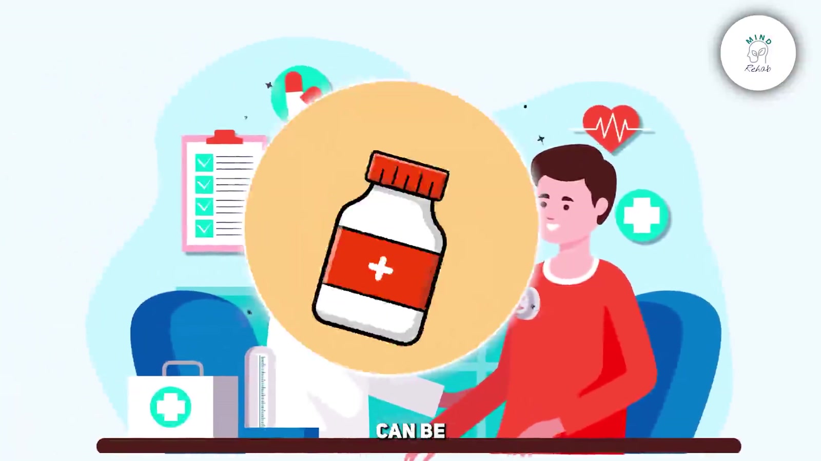 Actual frame from the MOUD lesson film, with illustrated medication and healthcare imagery.