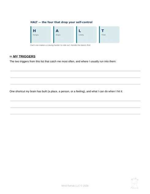 HALT visual and My Triggers worksheet with lined writing space.