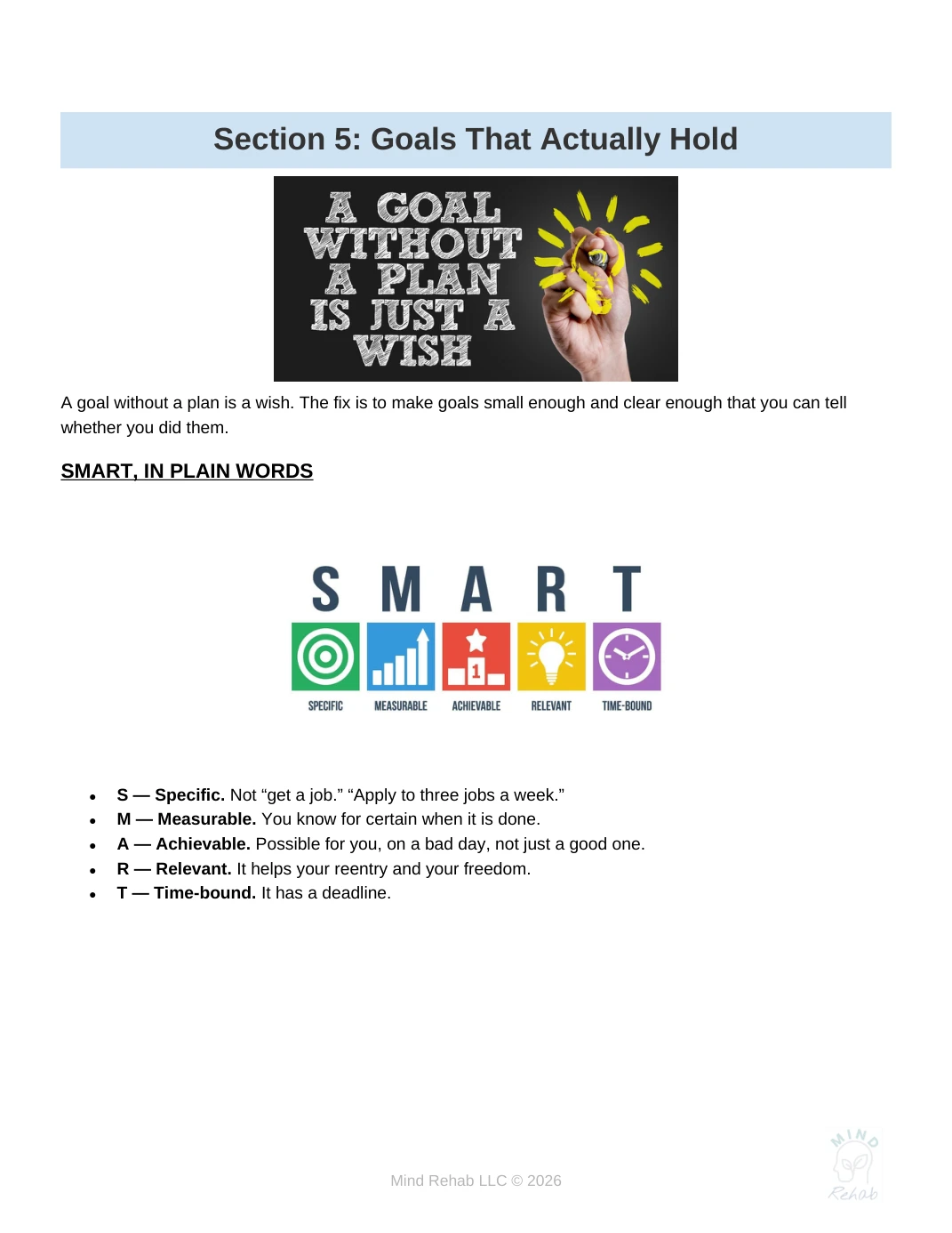 Original Preparing for Release goal-setting page with SMART goals illustrations.